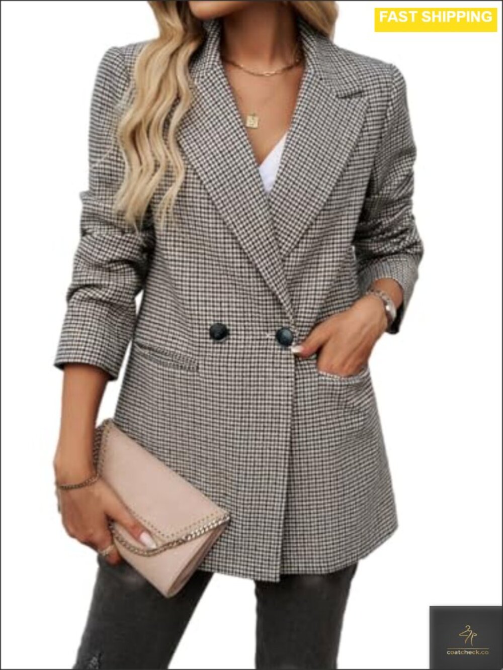 Womens Houndstooth Blazer Open Front Notch Lapel Business Casual Jacket